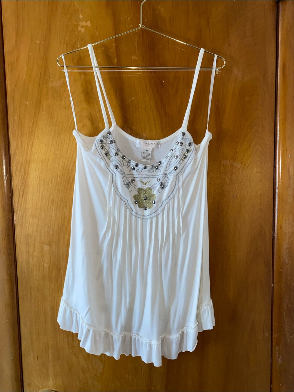 Kenar White Embellished Ruffle-Hem Spaghetti Strap Camisole